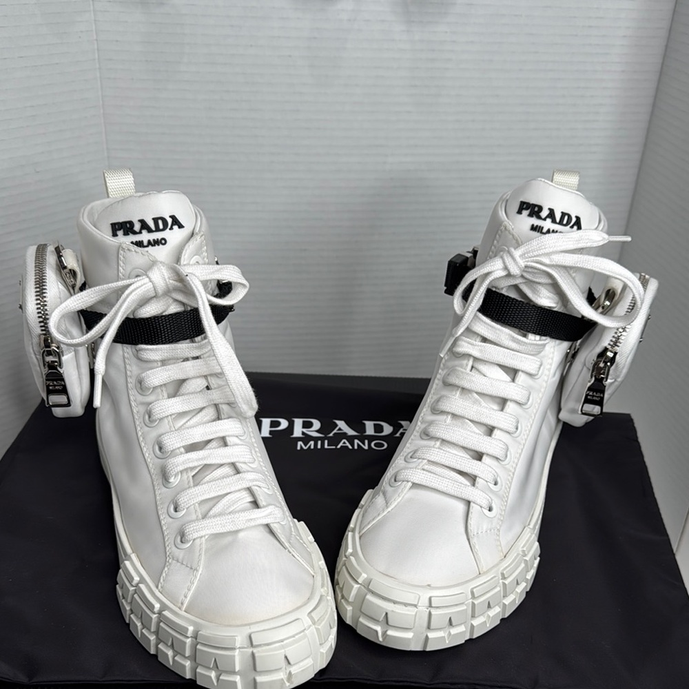 PRADA Re-nylon Pouch Detail High-top Sneakers White Size EU 38.5 -NEW